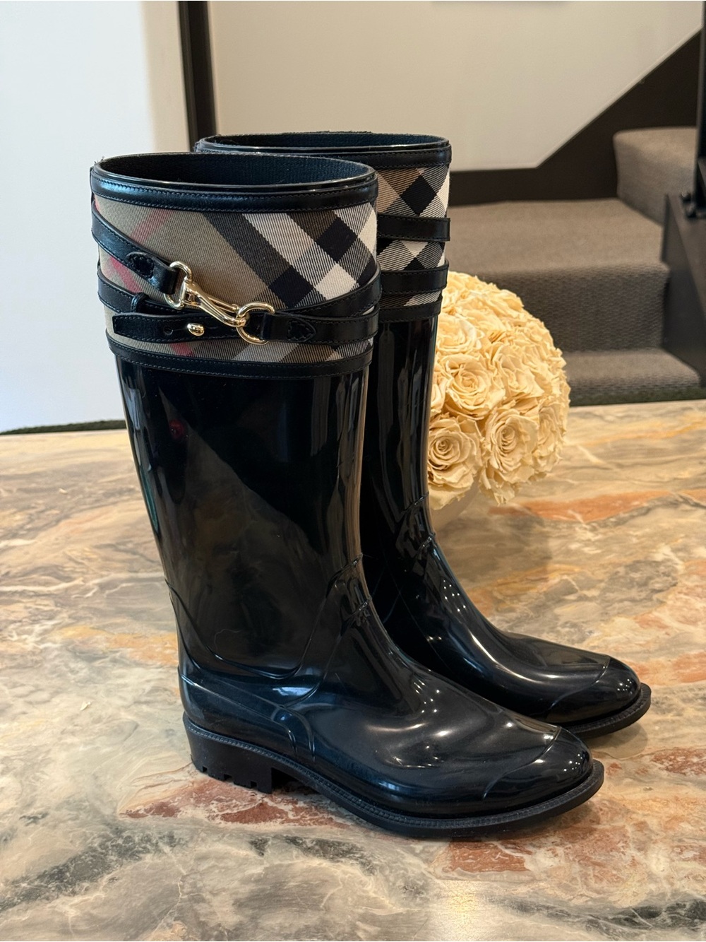 Burberry Nova Check Rubber Rain Boots Black Riding Boots Gold Hardware EU 38 - Picture 6 of 10